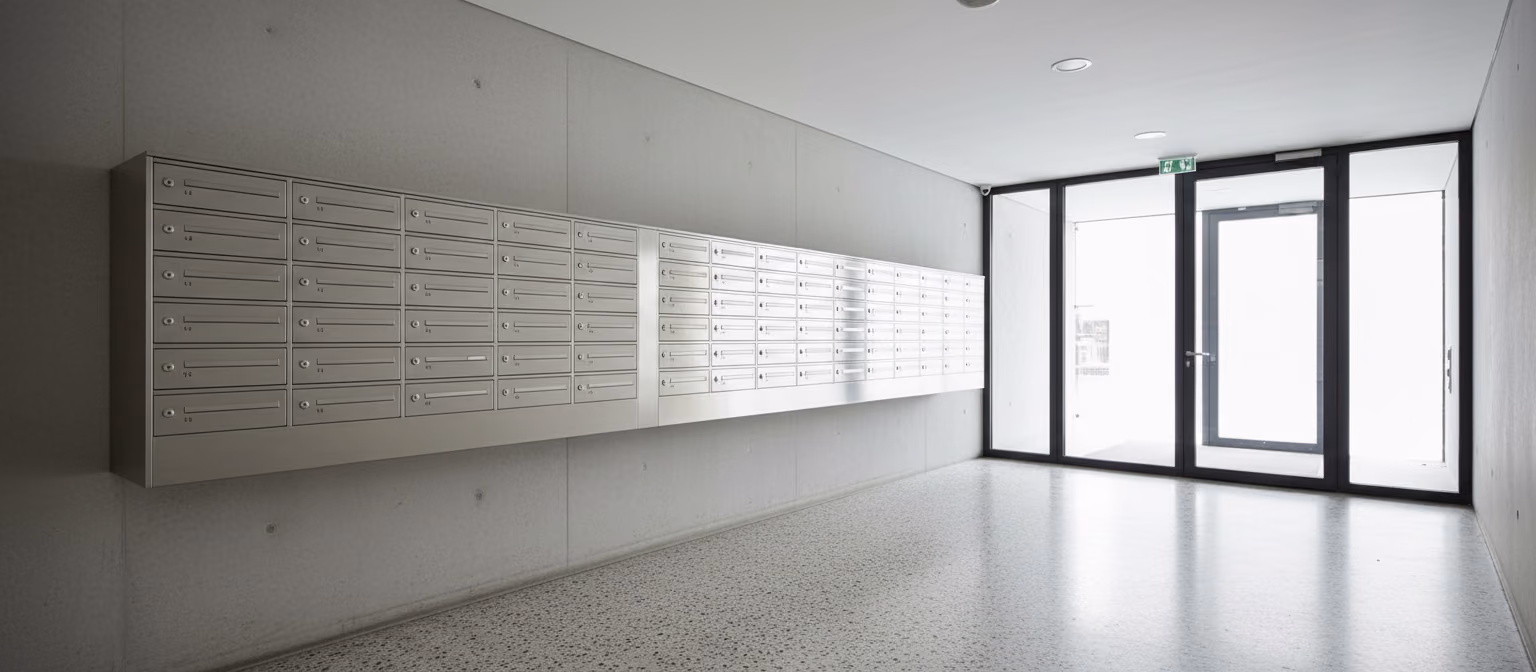 Longue batterie de boîtes aux lettres en inox brossé dans le hall d’un immeuble contemporain