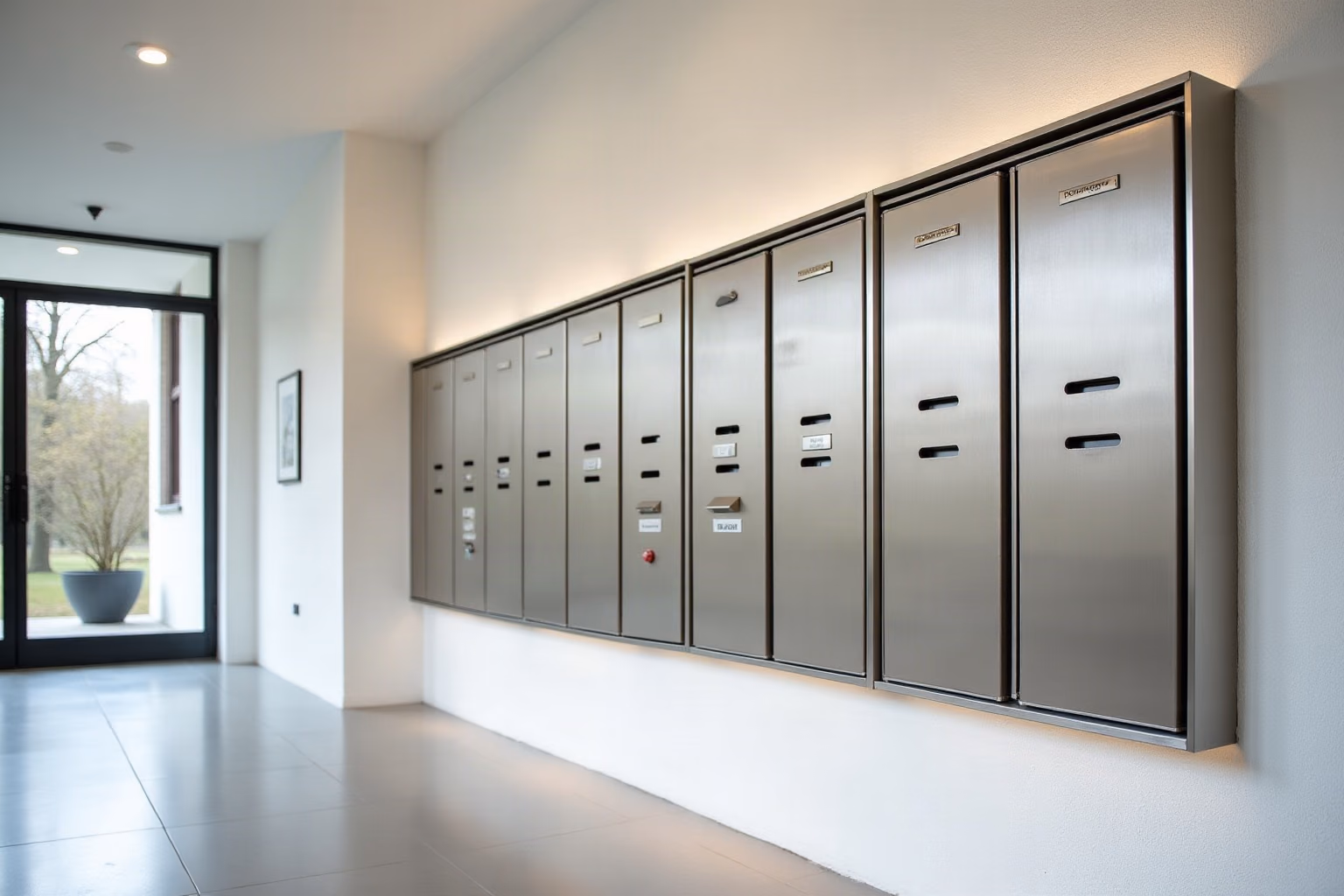 Batterie de huit boîtes aux lettres murales en acier inoxydable brossé dans le hall d’un immeuble