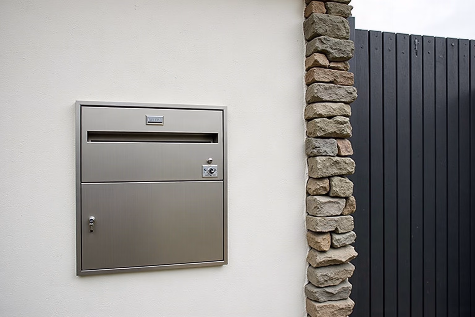 Ensemble sur mesure courrier, colis et interphone intégré dans un muret d’entrée
