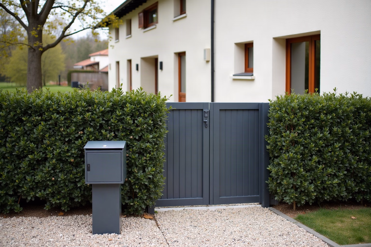 Boîte aux lettres sur pied en acier thermolaqué gris scellée en limite de propriété
