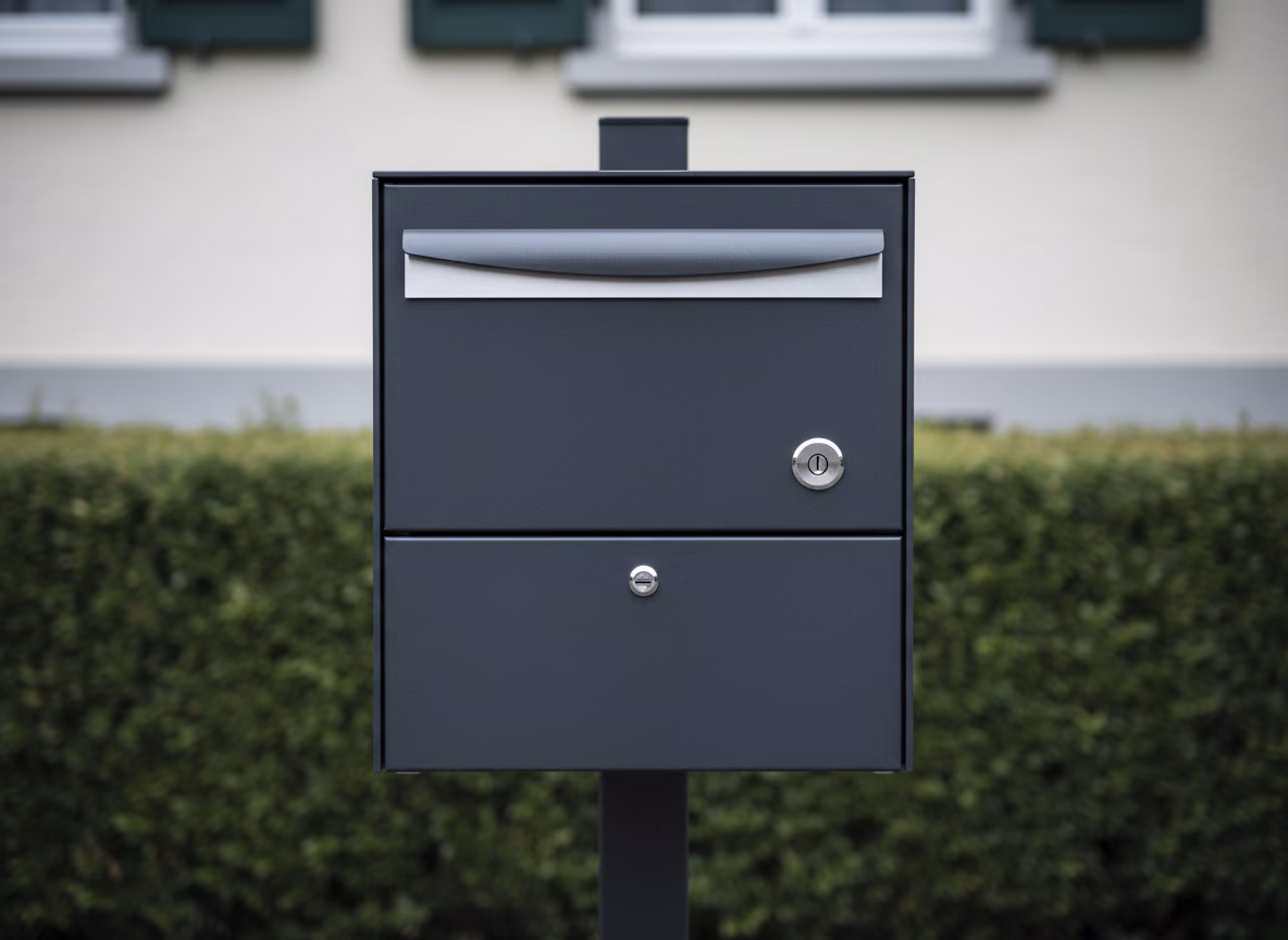 Boîte aux lettres en acier anthracite sur poteau, posée en limite de propriété devant une maison suisse