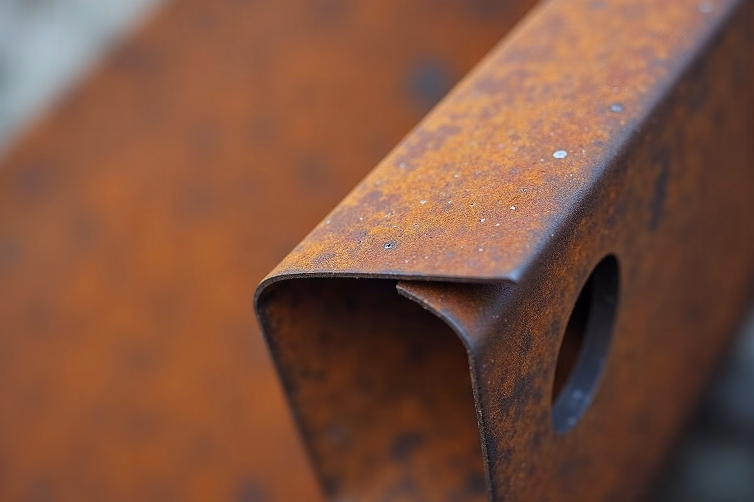 Détail macro d’un panneau en acier corten patiné avec une découpe laser